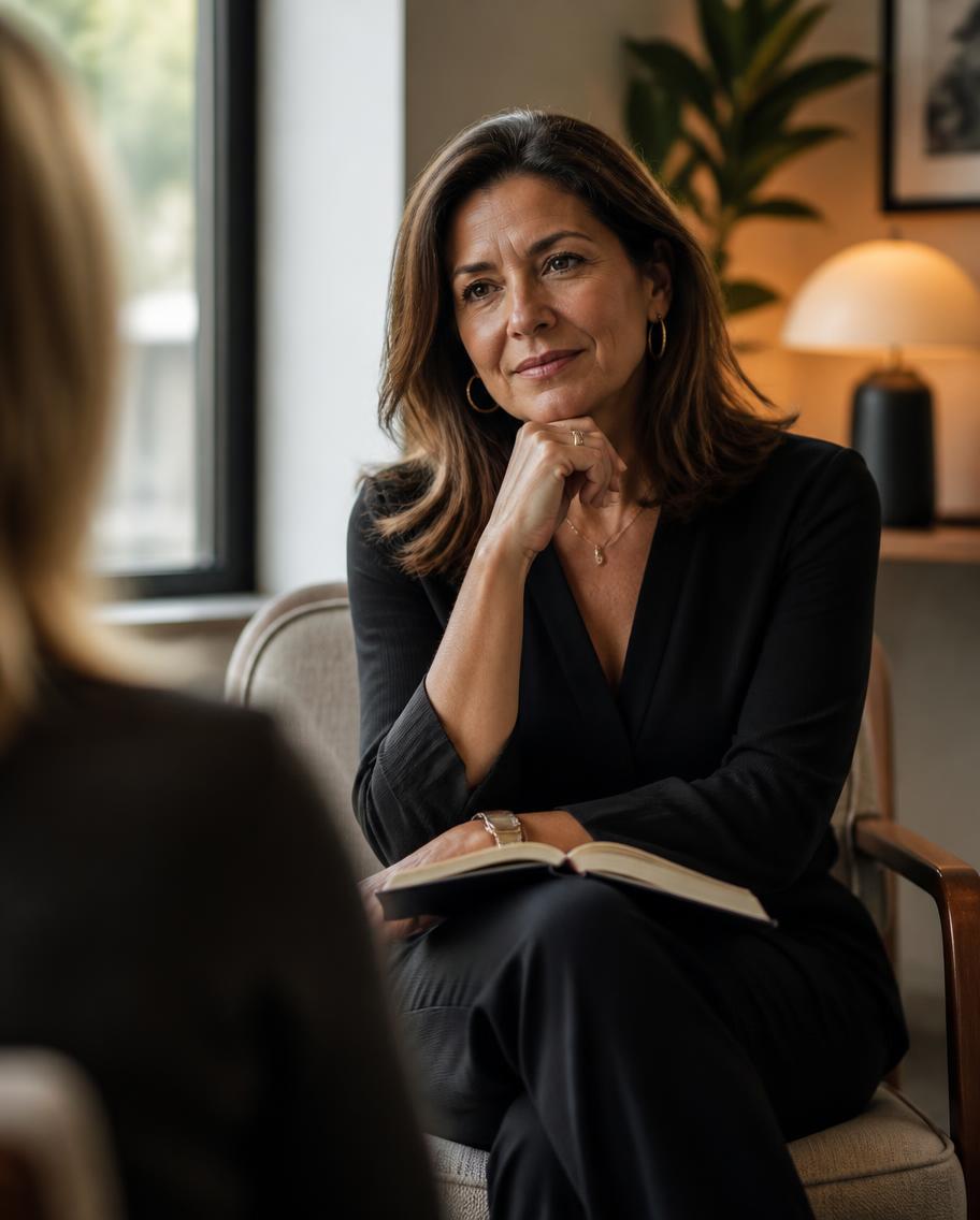A senior female leader in a focused executive coaching conversation beside a window