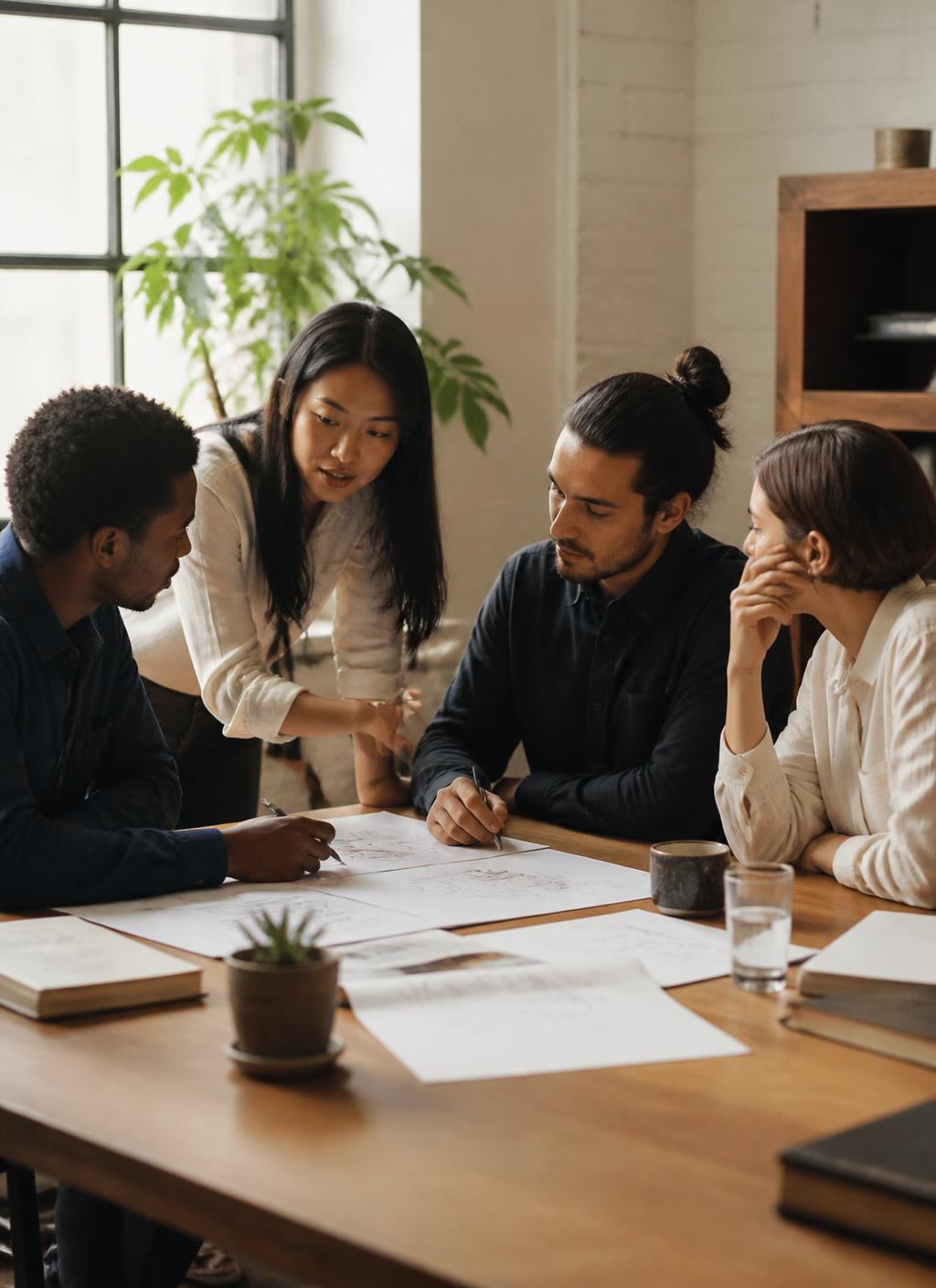 A leadership team working through a problem together around a table in natural light