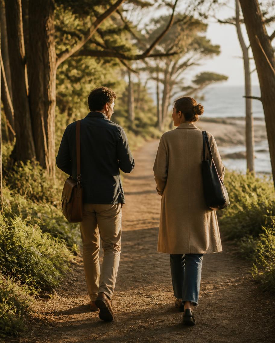 A male and female colleague walking and talking together on a sunlit tree-lined path, seen from behind