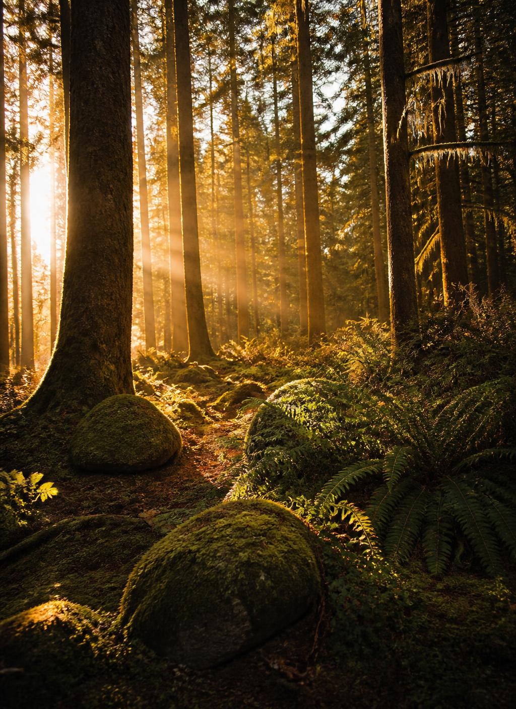 Tall misty forest trunks reaching towards soft light